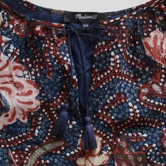 Madewell Navy & Brown V-neck Tassel Tie Flutter Sleeve Ruffle Hem Mini Dress XXS - Picture 12 of 16